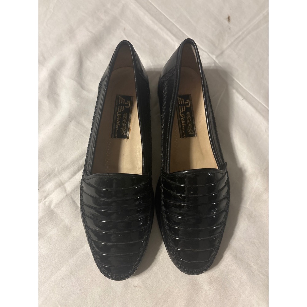 Ennesi Gold Loafers Womens 9.5 Black Good Italian Patent Ribbed Leather Flats